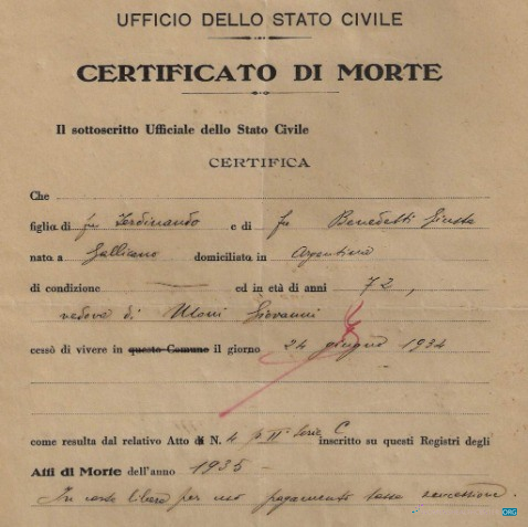 Download Italy Registry of civil office death certificate Photoshop template